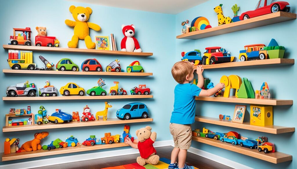 floating shelves for playroom