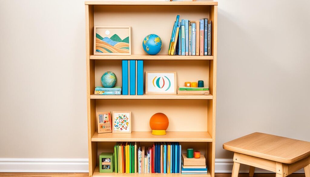 small open bookshelf for Montessori materials